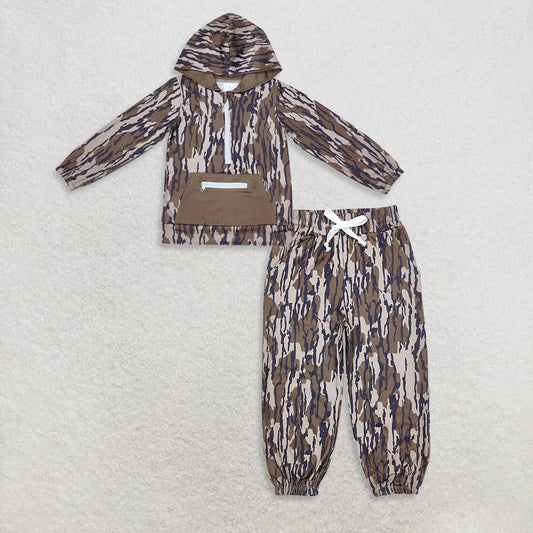 9.25 RTS NO MOQ （In stock）BT0753 + P0649 Baby Boys Dark Green Camo Hooded Zip Pocket Fall Pullovers Tops Pockets Jogger Pants