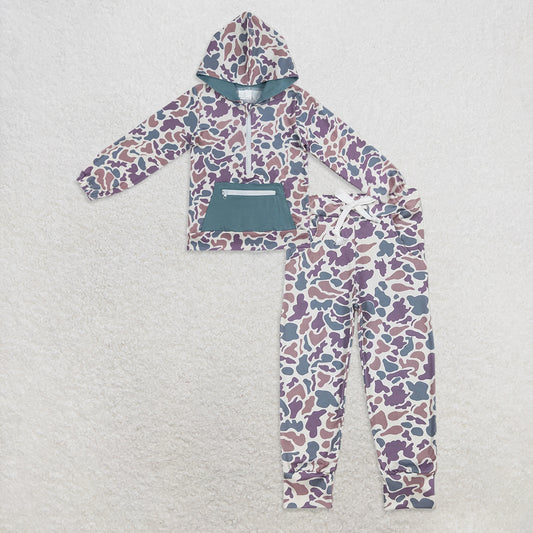 9.30 RTS NO MOQ （In stock）BT0754 + P0659 Baby Boys Green Camo Hooded Zip Fall Pullovers Tops Bottoms Pants