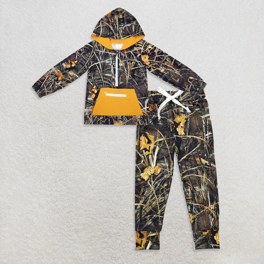 9.27 RTS NO MOQ （In stock）BT0755 + P0434 Baby Boys Mustard Camo Hooded Zip Fall Pullovers Tops Bottoms Pants