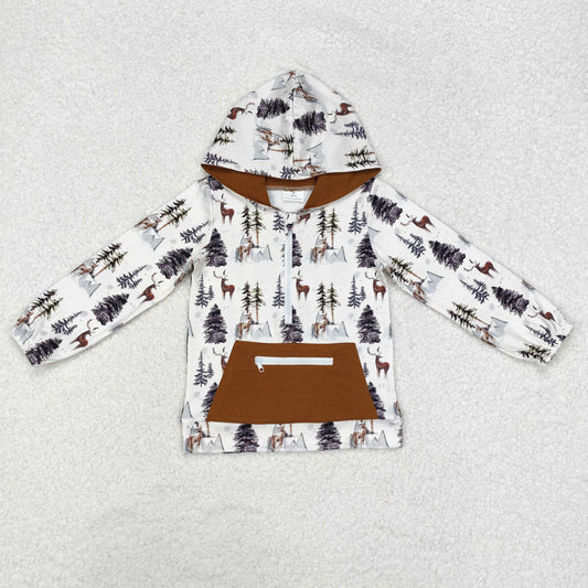 BT0758 Long sleeves brown deer tree pocket zipper boys hoodie