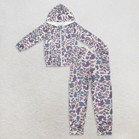 9.27 RTS NO MOQ （In stock）BT0793 + P0659 Baby Boys Grey Camo Hooded Long Sleeve Zip Jackets Tops Bottoms Pants