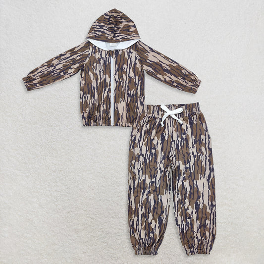 9.26 RTS NO MOQ （In stock）BT0795 + P0649 Baby Boys Bottomland Camo Hooded Long Sleeve Zip Jackets Tops Pockets Jogger Pants