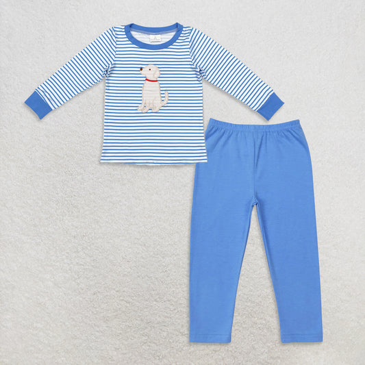 10.3 RTS NO MOQ （In stock）BT0808 + P0561 Baby Boys Blue Stripes Dog Long Sleeve Tee Shirts Tops Cotton Bottom Pants
