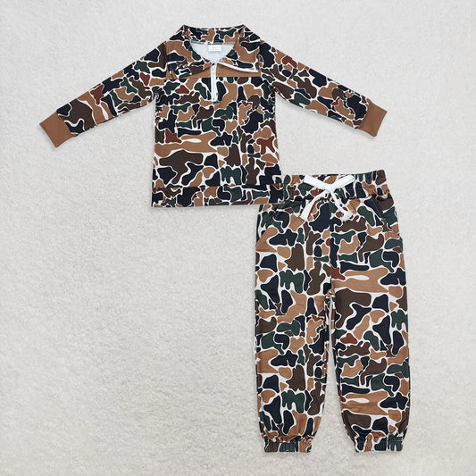 10.14 RTS NO MOQ （In stock）BT0810 + P0650 Baby Boys Fall Camo Brown Long Sleeve Zip Pullovers Tops Bottoms Jogger Pants