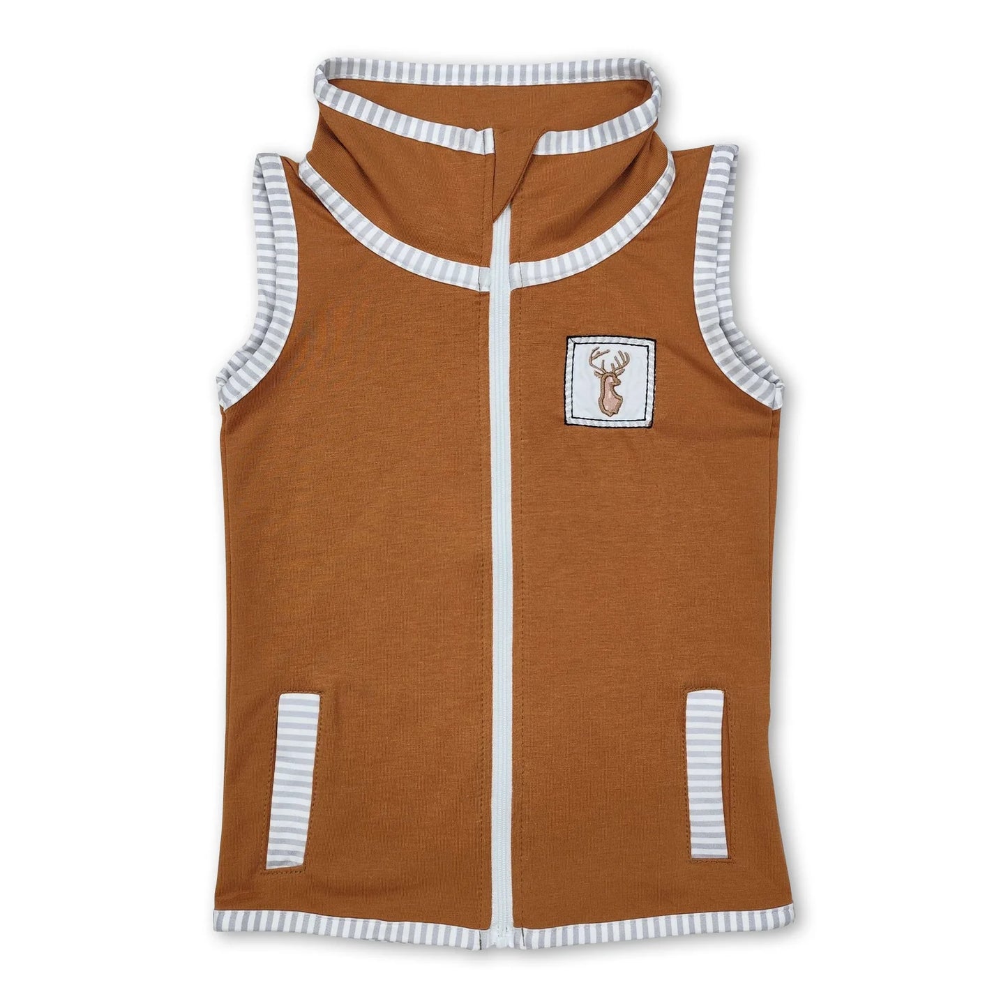 9.30 RTS Sibling Baby Boys Sleeveless Embroidery Deer Dog Duck Pocket Zipper Jackets Top