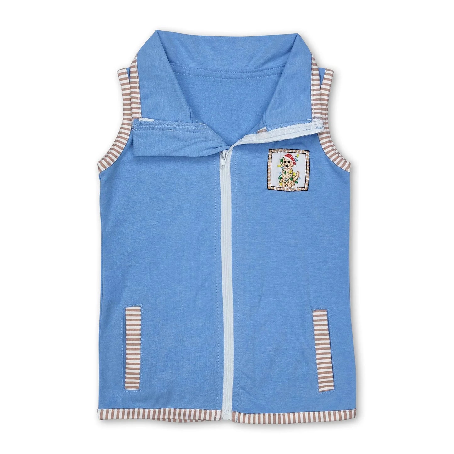 9.30 RTS Sibling Baby Boys Sleeveless Embroidery Deer Dog Duck Pocket Zipper Jackets Top