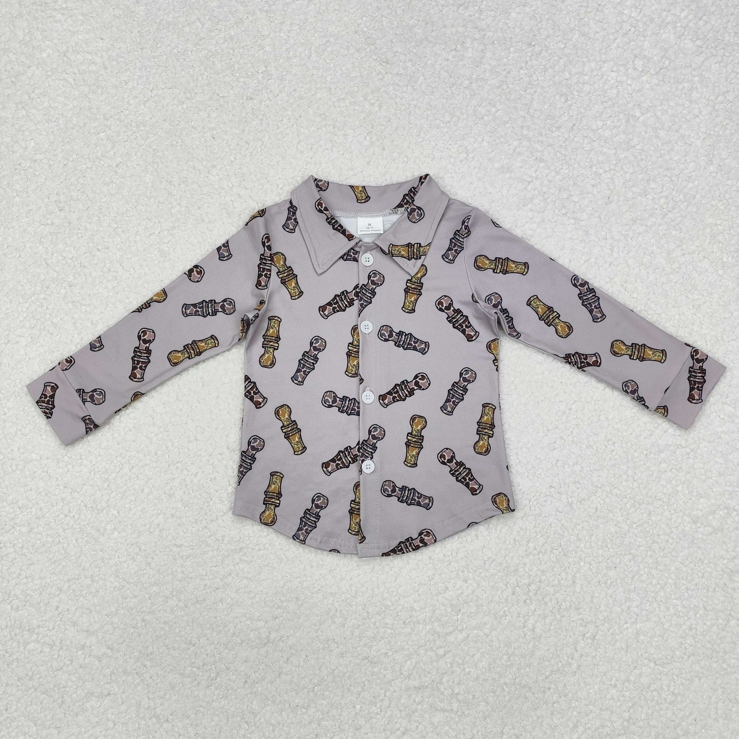 BT0886 Grey long sleeves camo duck call kids button down shirt