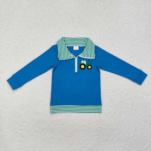 BT0892 Long sleeves green stripe tractor farm kids boys zip pullover