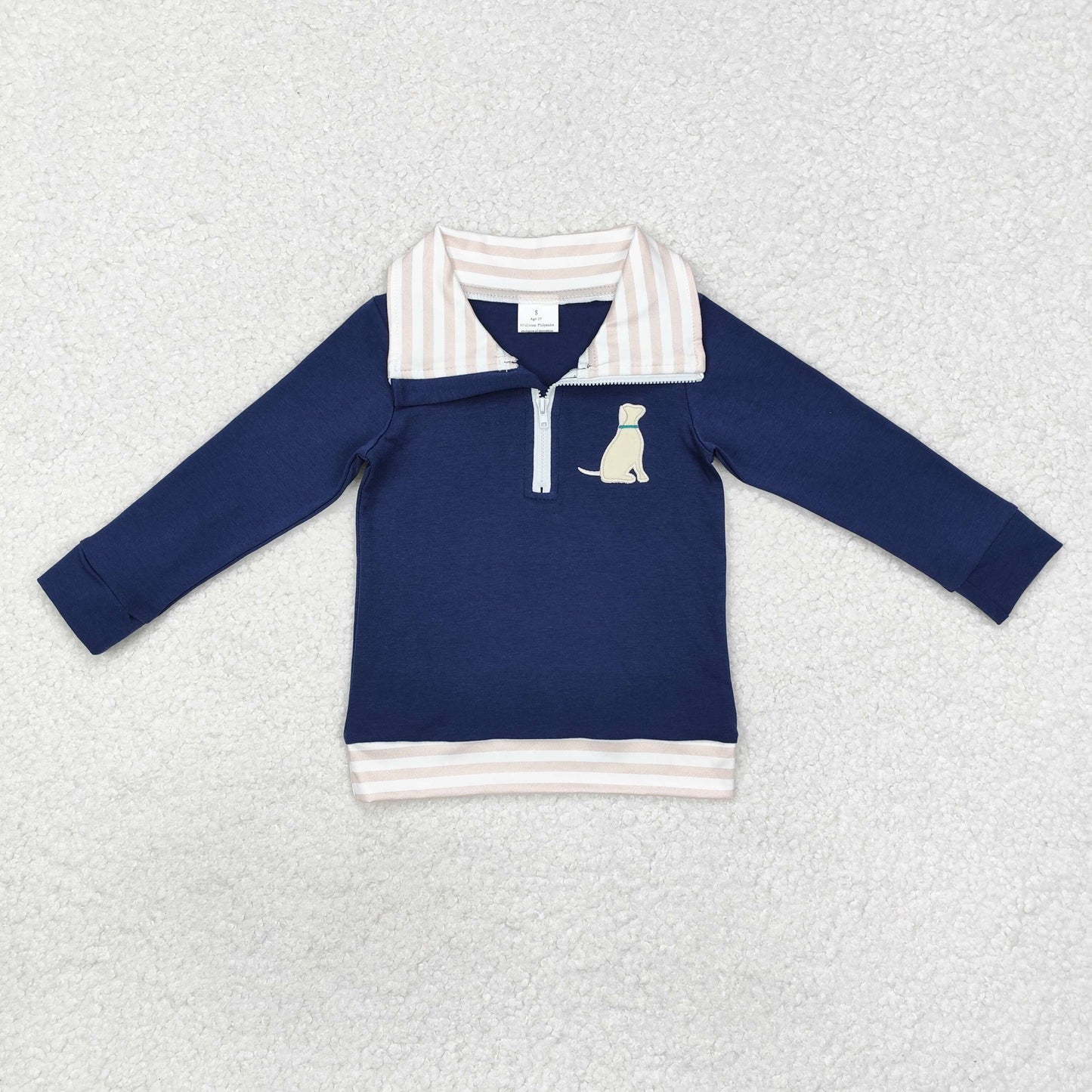 BT0893 Long sleeves navy stripe dog kids boys zip pullover