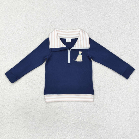 BT0893 Long sleeves navy stripe dog kids boys zip pullover