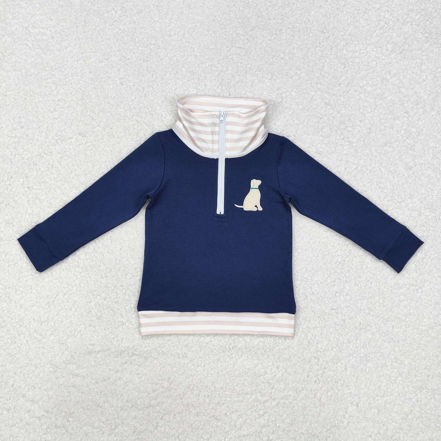 BT0893 Long sleeves navy stripe dog kids boys zip pullover