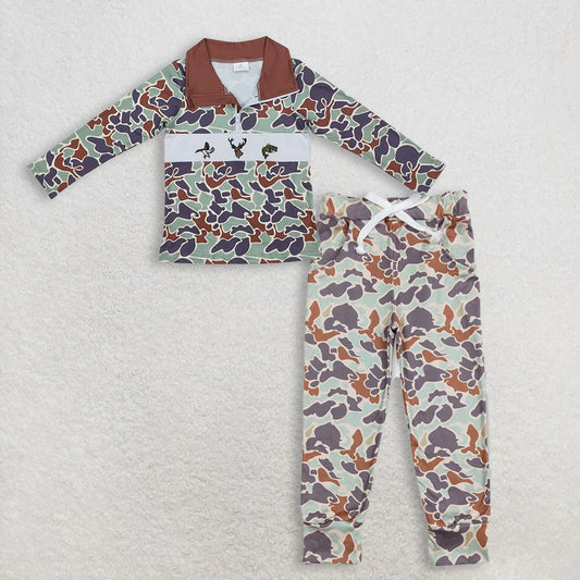 12.6 RTS NO MOQ （In stock）BT0902 + P0421 Baby Boys Green Camo Duck Deer Fish Zip Pullovers Tops Pockets Bottoms Pants