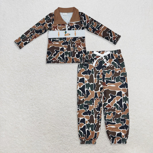 10.3 RTS NO MOQ （In stock）BT0903 + P0650Baby Boys Brown Camo Duck Call Zip Pullovers Tops Bottoms Jogger Pants