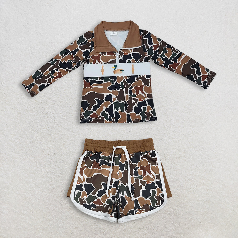 12.24 RTS NO MOQ （In stock）BT0903 + SS0742 Baby Boys Brown Camo Duck Call Zip Pullovers Tops  Camo Shorts Bottom