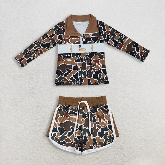 12.24 RTS NO MOQ （In stock）BT0903 + SS0742 Baby Boys Brown Camo Duck Call Zip Pullovers Tops  Camo Shorts Bottom