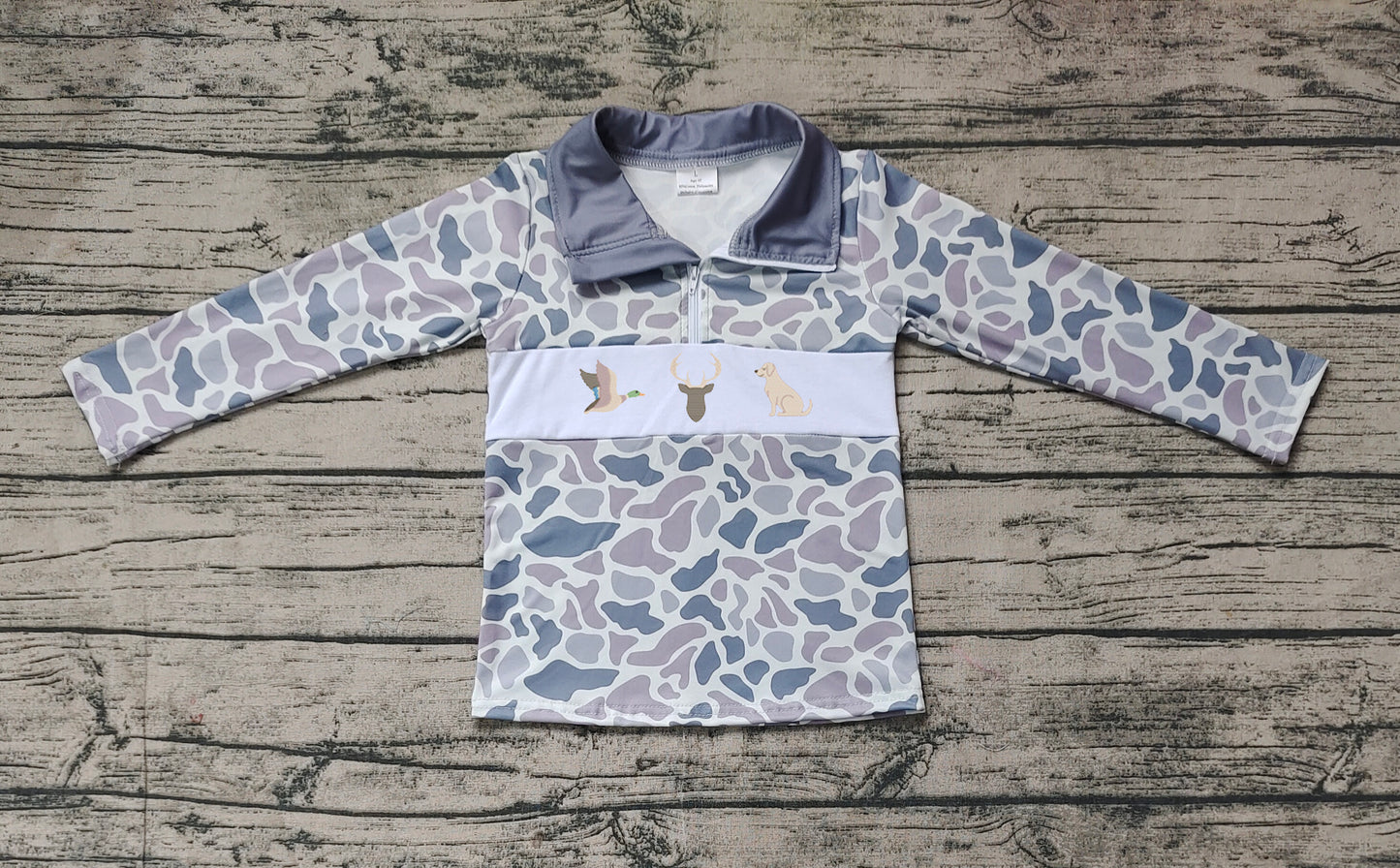 Baby Boys Grey Camo Duck Deer Dog Zip Pullovers Tops Preorder BT0904