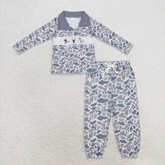 10.3 RTS NO MOQ （In stock）BT0904 + P0651 Baby Boys Grey Camo Duck Deer Dog Zip Pullovers Tops Bottoms Jogger Pants