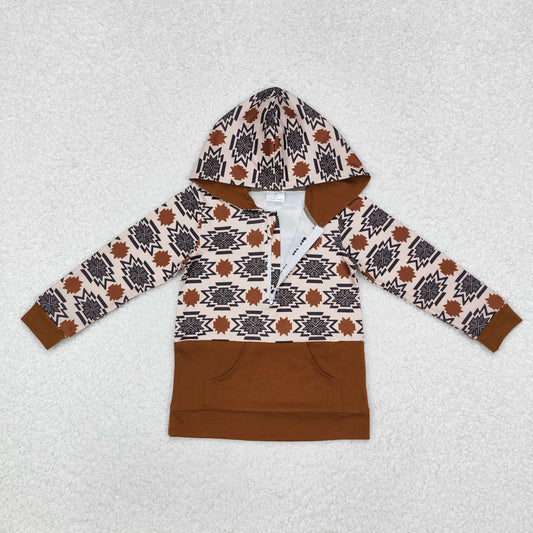 BT0980 Long sleeves brown aztec kids western hoodie