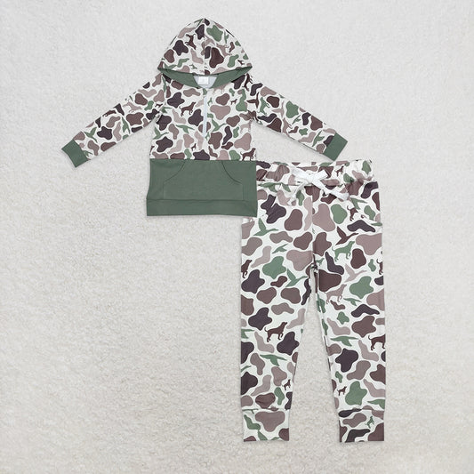 9.30 RTS NO MOQ （In stock）BT0914 + P0660 Baby Boys Dogs Hunting Camouflage Hooded Pocket Tops Bottoms Pants