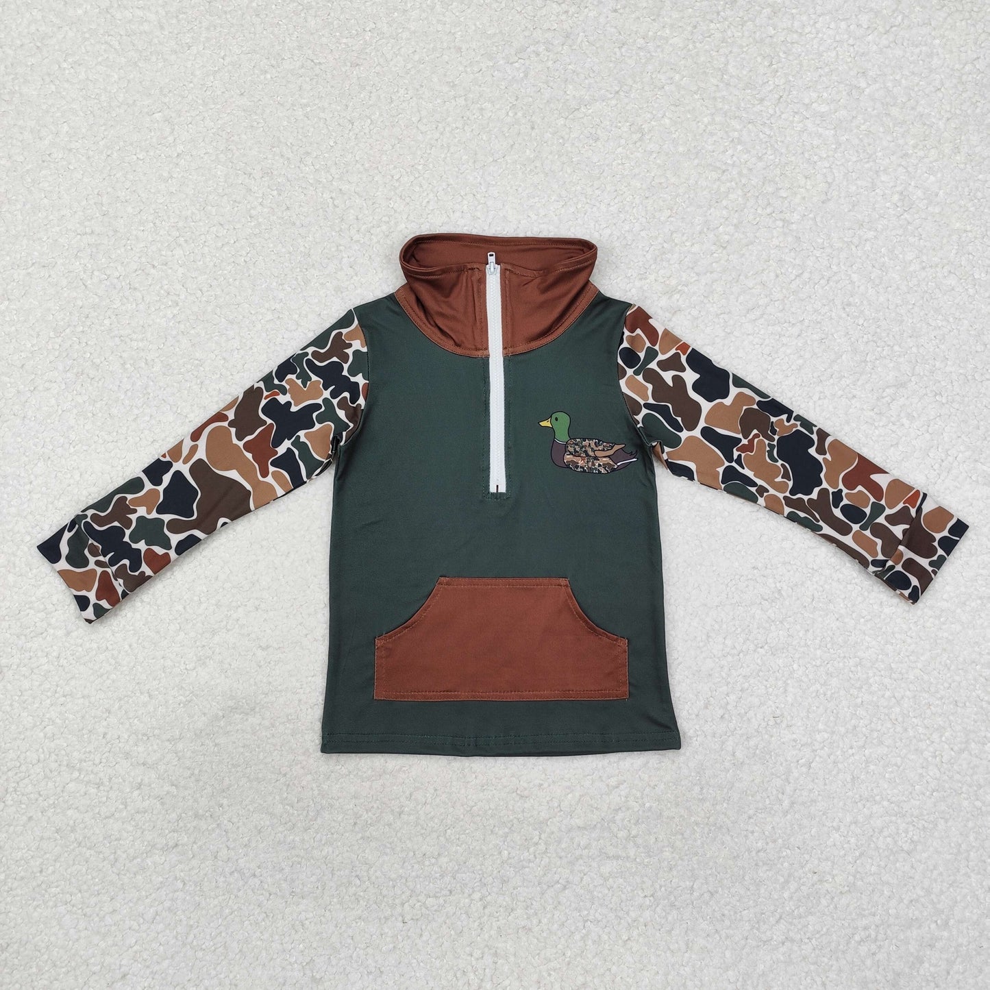 BT0927 Dark green camo duck pocket baby boy zip pullover