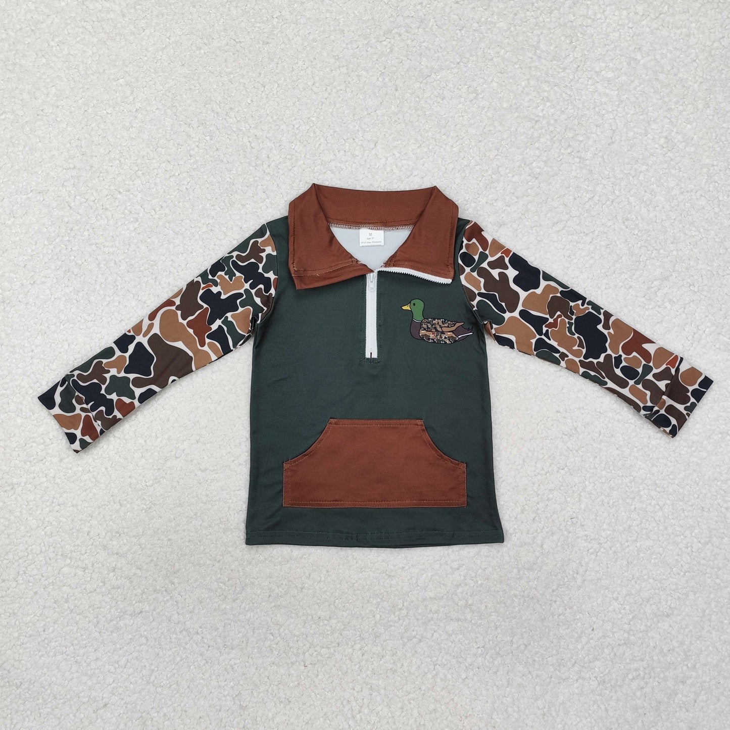 BT0927 Dark green camo duck pocket baby boy zip pullover