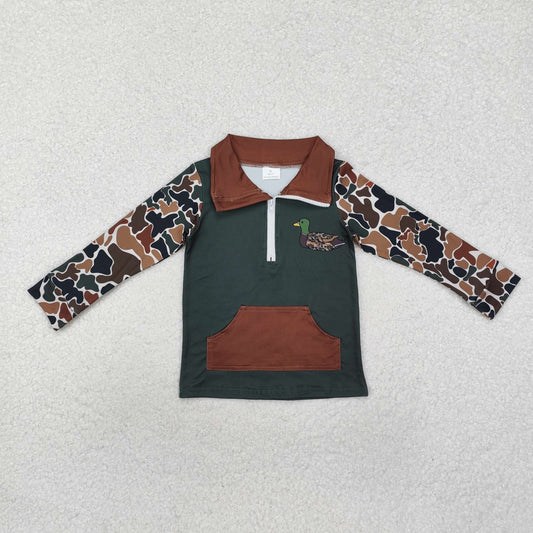 BT0927 Dark green camo duck pocket baby boy zip pullover