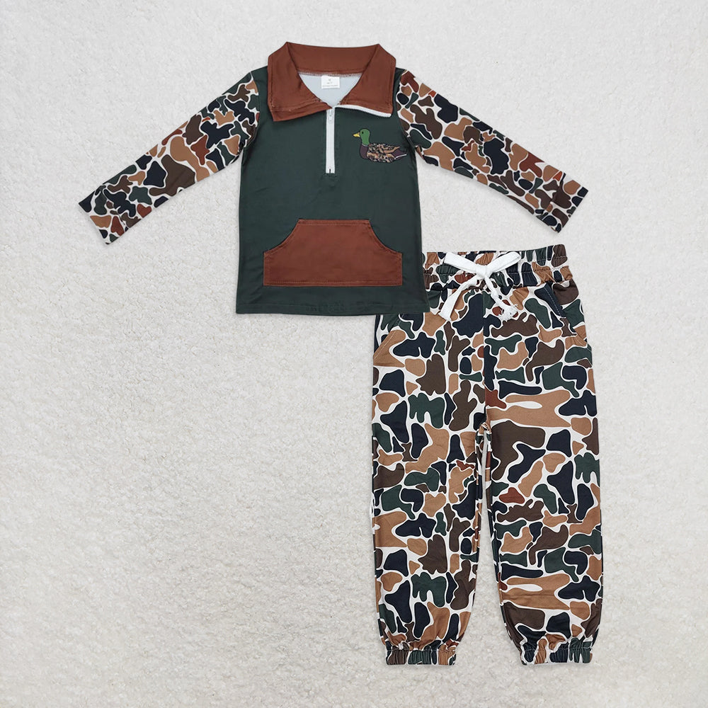 9.30 RTS NO MOQ （In stock）BT0927 +  P0650 Baby Boys Dark Green Camo Zip Duck Hunting Pullovers Tops Bottoms Pants
