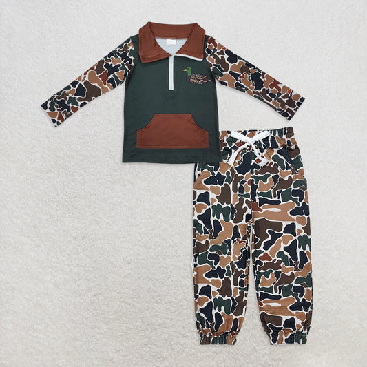 9.30 RTS NO MOQ （In stock）BT0927 +  P0650 Baby Boys Dark Green Camo Zip Duck Hunting Pullovers Tops Bottoms Pants