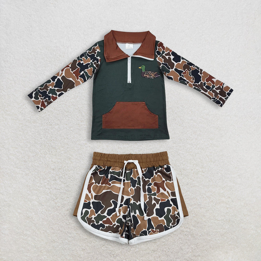 12.24 RTS NO MOQ （In stock）BT0927 + SS0742 Baby Boys Dark Green Camo Zip Duck Hunting Pullovers Tops Camo Shorts Bottom