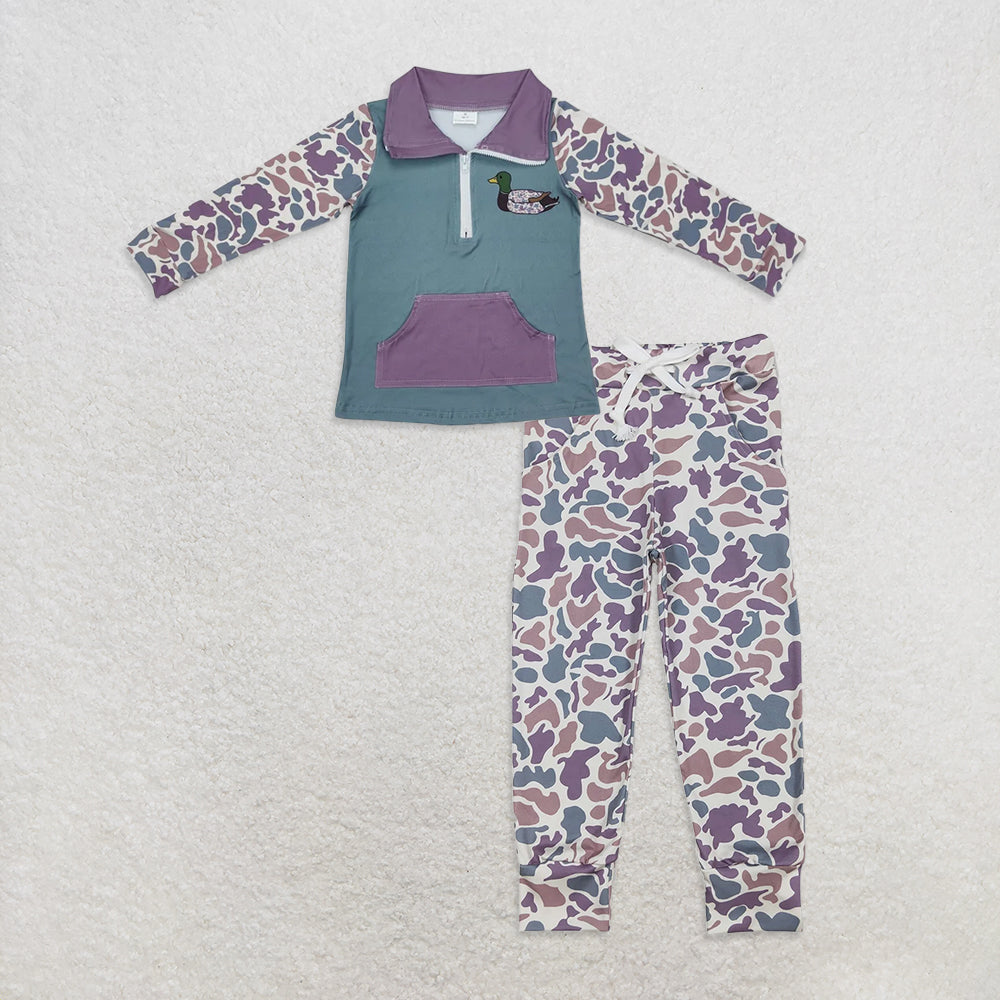 9.30 RTS NO MOQ （In stock）BT0928 +  P0659 Baby Boys Light Green Camo Zip Duck Hunting Pullovers Tops Bottoms Pants