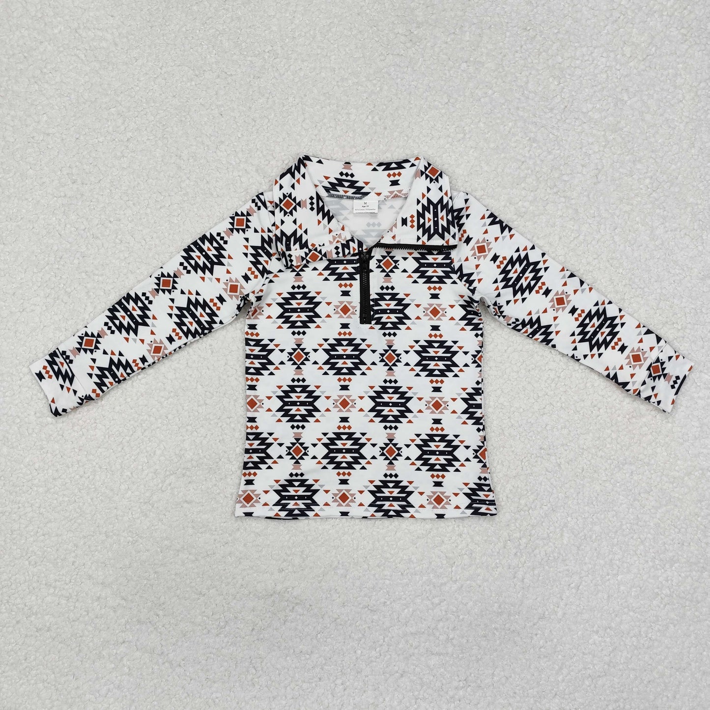 BT0937  White long sleeves aztec kids boys western zip pullover