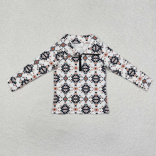 BT0937  White long sleeves aztec kids boys western zip pullover
