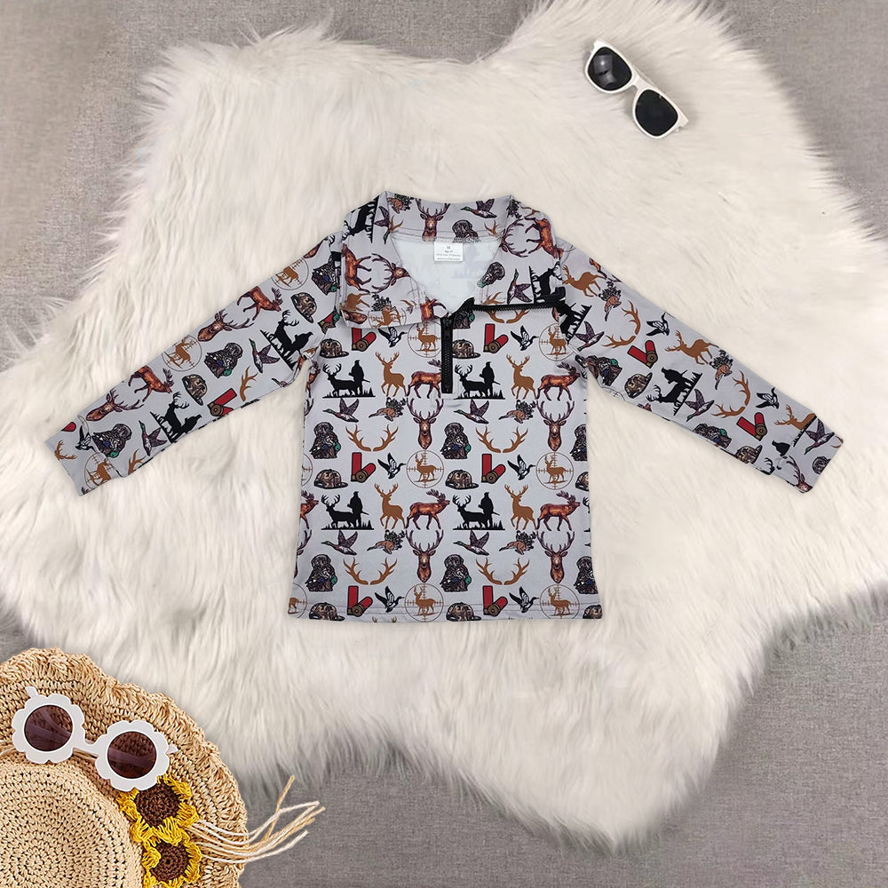 8.01  Sibling Long sleeves deer dog duck boys hunting zip pullover rompers