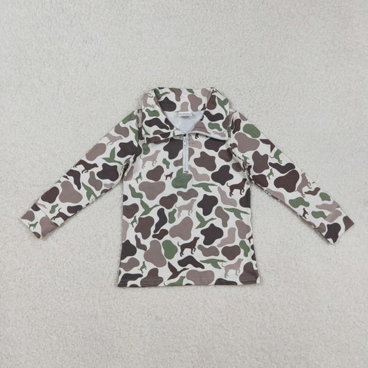 RTS NO MOQ （In stock）BT0955 Baby Boys Long Sleeve Tops Camouflage Half Zip Pullover Top Southern Dogs And Ducks Design