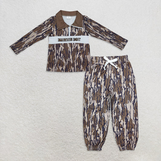 10.1 RTS NO MOQ （In stock）BT0971 + P0649 Baby Boys Bottomland Camo Mama's Boy Zip Pullovers Tops Bottoms Jogger Pants