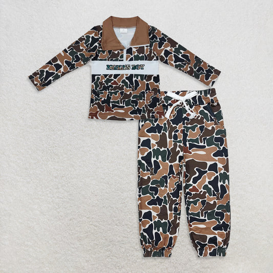 10.3 RTS NO MOQ （In stock）BT0973  +  P0650 Baby Boys Brown Camo Mama's Boy Zip Pullovers Tops Bottoms Jogger Pants