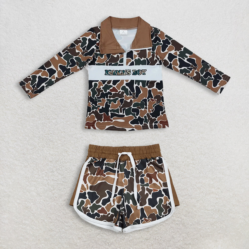 12.24 RTS NO MOQ （In stock）BT0973 + SS0742 Baby Boys Brown Camo Mama's Boy Zip Pullovers Tops Camo Shorts Bottom