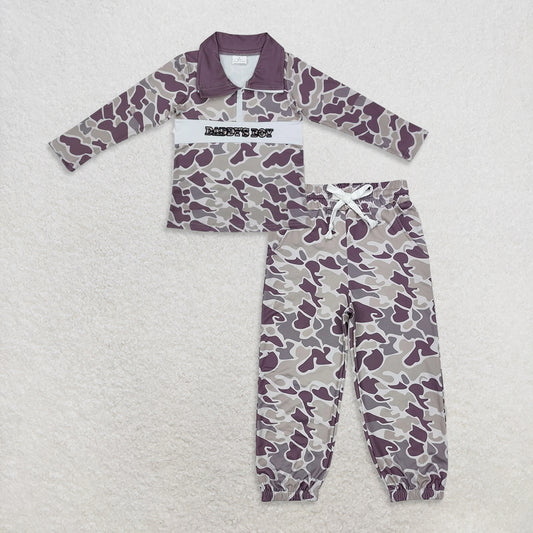 10.3 RTS NO MOQ （In stock）BT1001 + P0652 Baby Boys Daddy's Boy Green Camo Zip Tee Shirts Tops Bottoms Jogger Pants