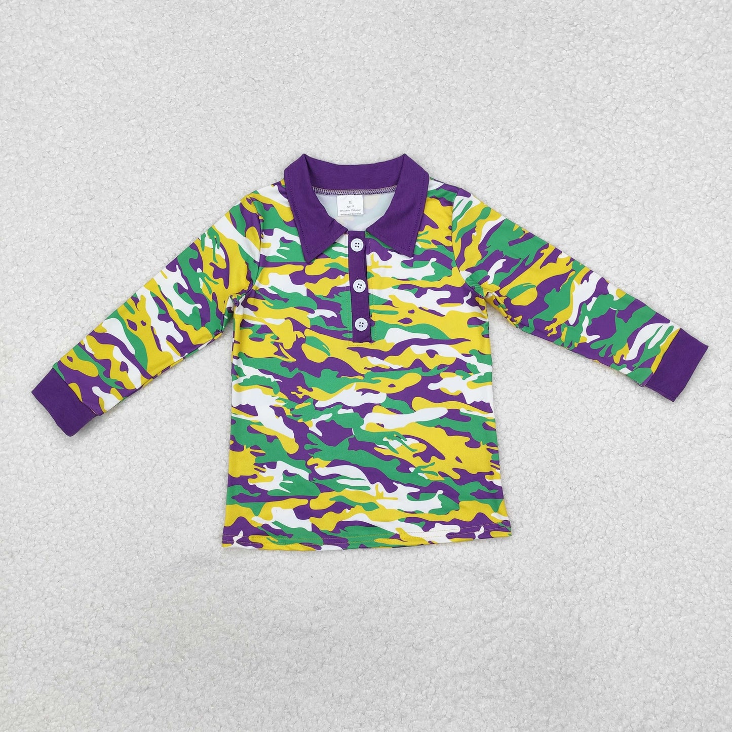 BT1029 Purple yellow green camo kids boys Mardi Gras polo shirt