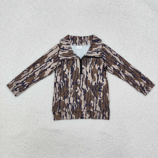 BT1035 Long sleeves bottomland camo pocket boys zip pullover