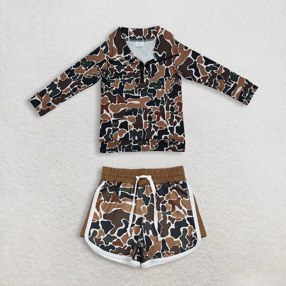 12.24 RTS NO MOQ （In stock）BT1038 + SS0742 Baby Boys Dark Brown Camo Zip Pocket Pullovers Tops Camo Shorts Bottom