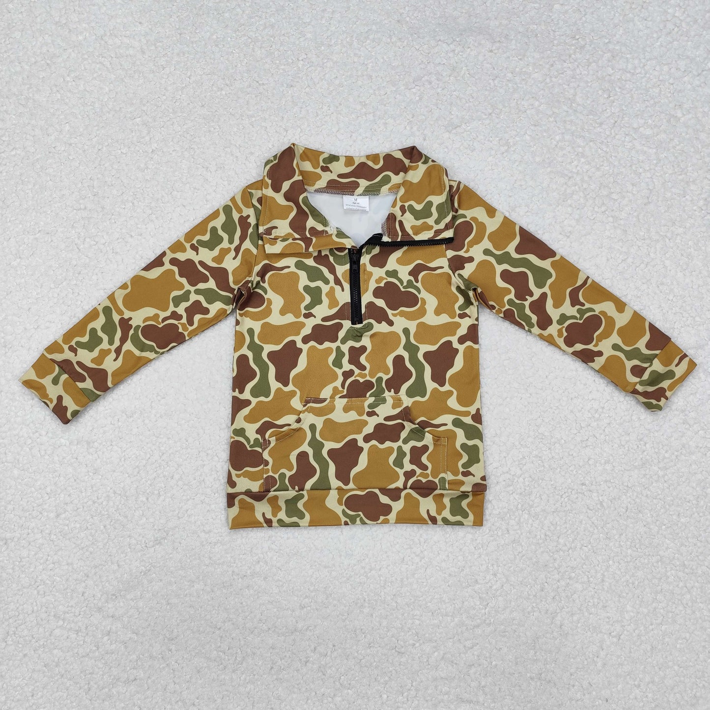 BT1039  Long sleeves green camo pocket kids zip pullover