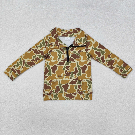 BT1039  Long sleeves green camo pocket kids zip pullover