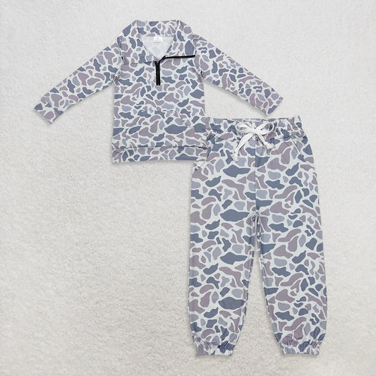9.27 RTS NO MOQ （In stock）BT1041 + P0651 Baby Boys Grey Camo Zip Pocket Pullovers Tops Bottoms Pants