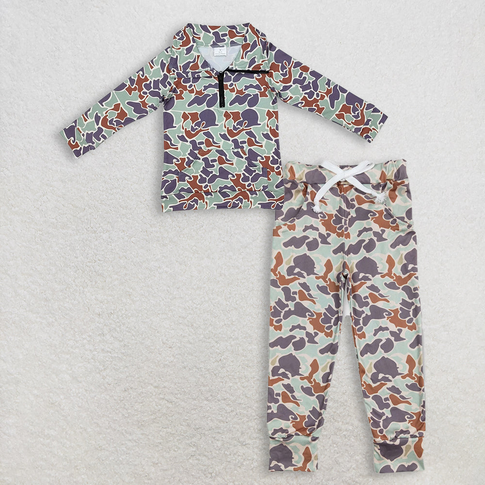 12.6 RTS NO MOQ （In stock）BT1042 +  P0421 Baby Boys Green Camo Zip Pocket Pullovers Tops Pockets Bottoms Pants