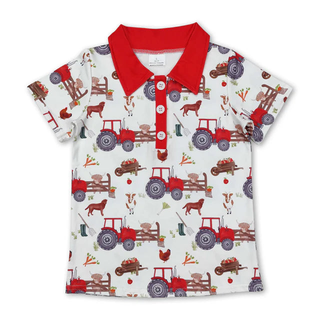 5.15 RTS NO MOQ （In stock）BT1043+SS0076 Red short sleeves tractor chicken goat boys farm polo shirt outfits