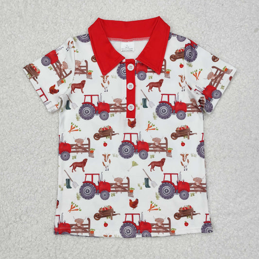 BT1043Red short sleeves tractor chicken goat boys farm polo shirt