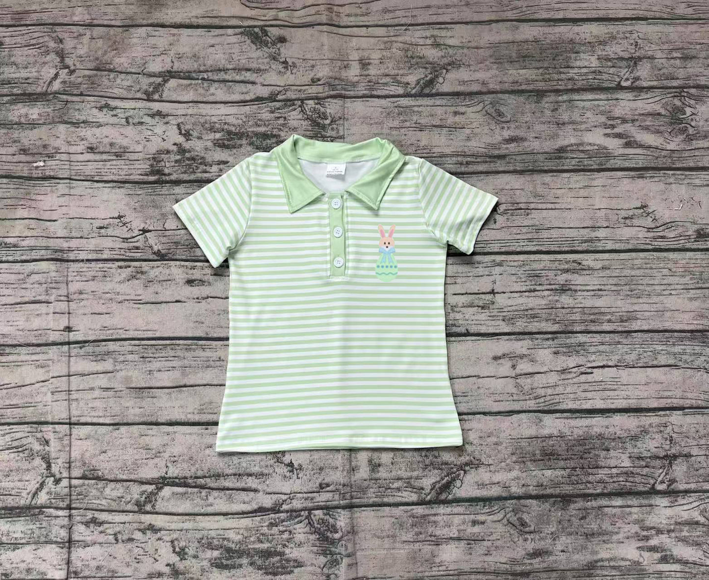 BT1046Boys' Easter Short Sleeve Polo with Green Bunny Stripes