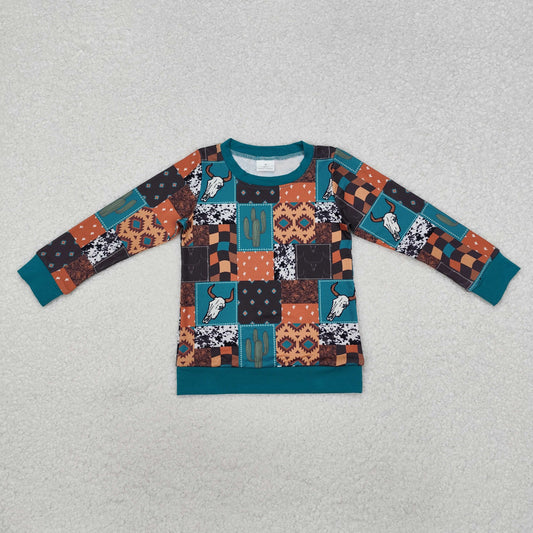 BT1060 Long sleeves bull skull cactus western kids boys shirt