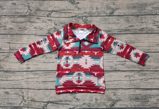 BT1065 Baby Boys Western Wine Cow Skull Aztec Zip Pullovers Tee Shirts Tops Preorder